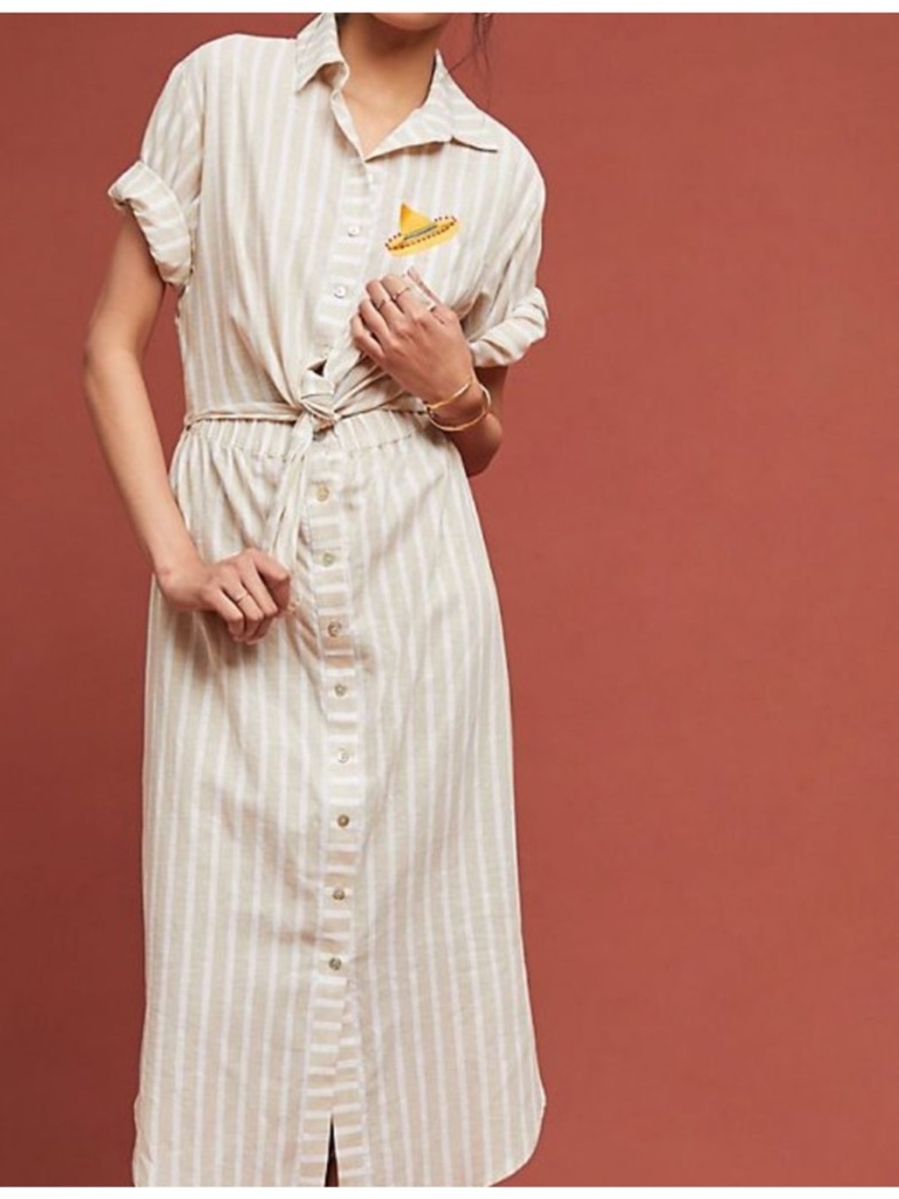 Corey Lynn Calter Cream and Beige Striped Midi Shirt Dress